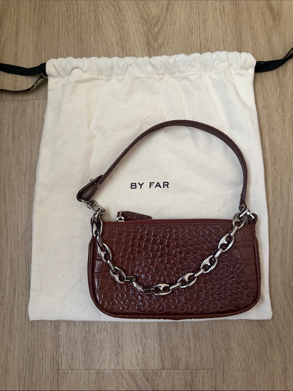 BY FAR Brown Croc-Embossed Mini Rachel Shoulder Bag with Silver Chain